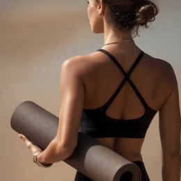a woman holding an exercise mat